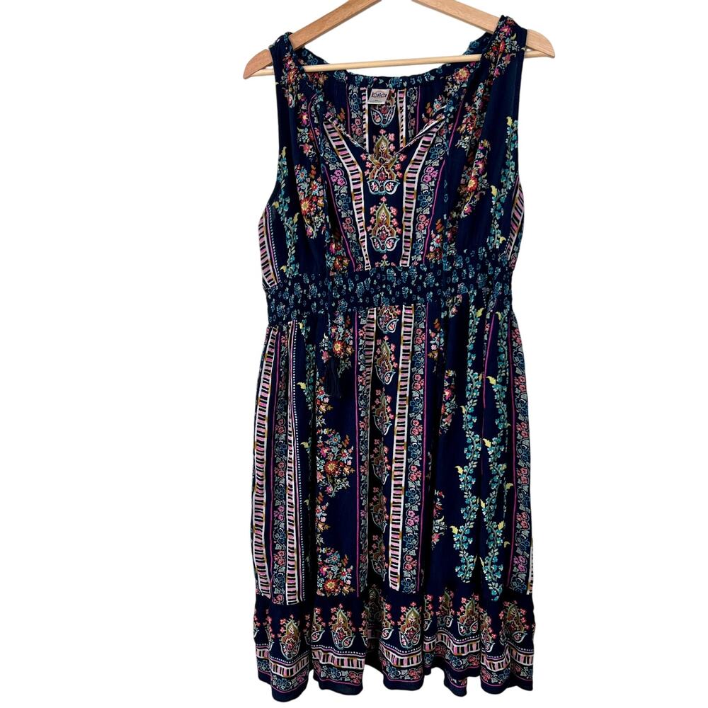 Bila‎ Floral Boho Dress Size XL Colorful V-Neck Sleeveless Gathered Waistband